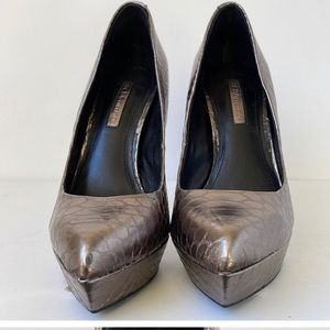 They’re in between pewter and a light gold tone. Very sexy shoes only worn once.